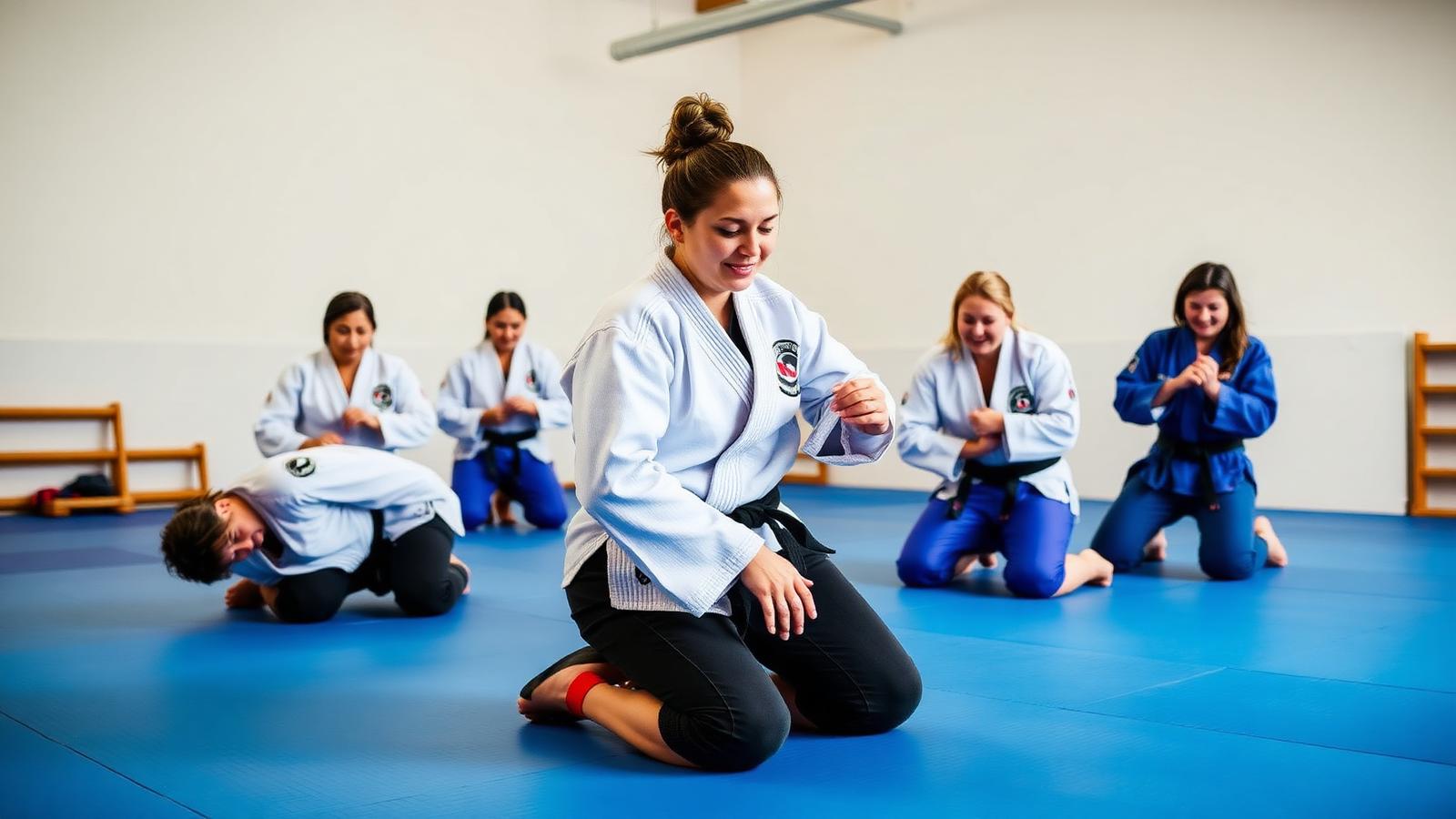 Cours de jiu-jitsu brésilien féminin en kimono sur tatami
